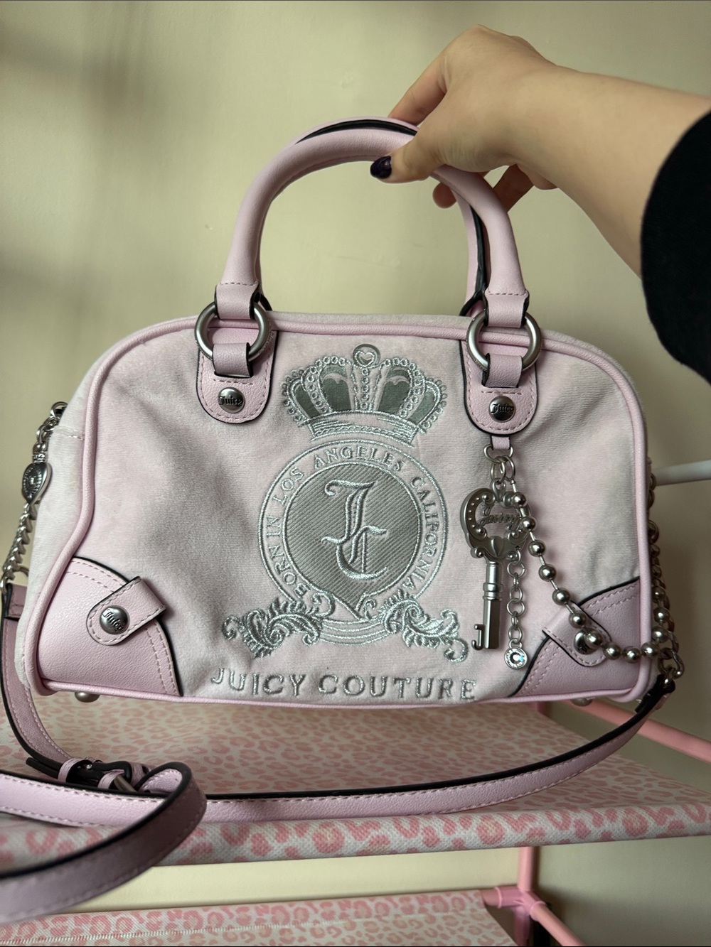 Juicy Couture Light Pink Embroidered Crest Satchel with Charm